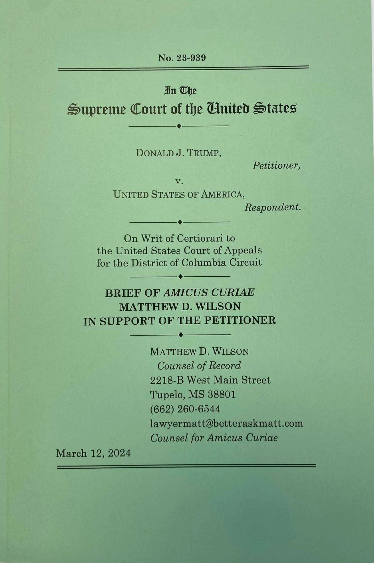Cover of Matt Wilson’s amicus brief in Trump v. United States
